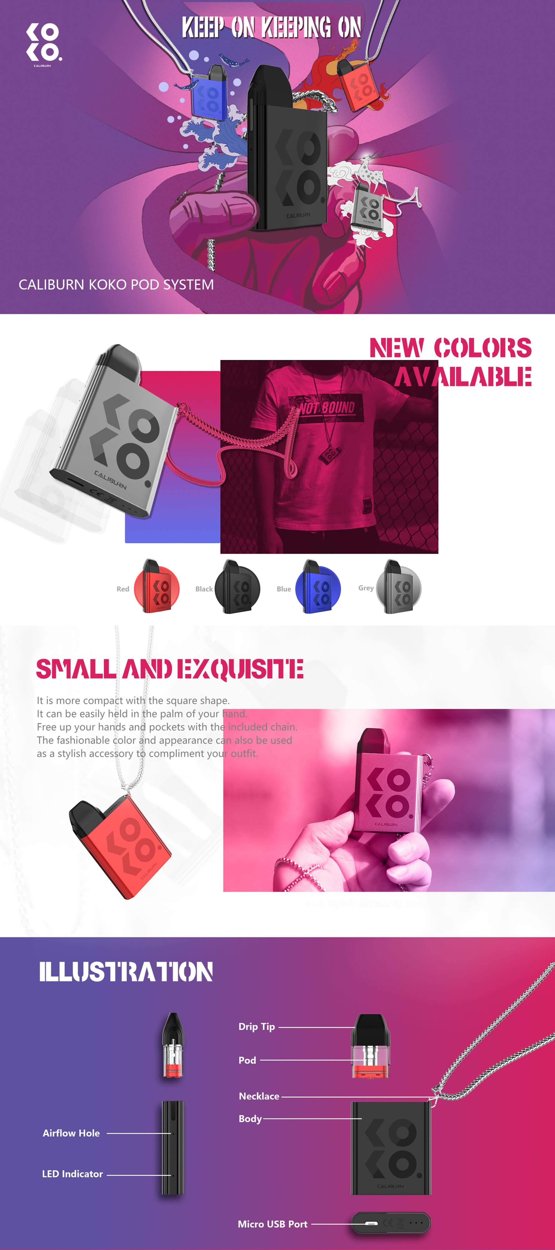 A infographic of the new Caliburn KOKO Pod Vape Kit