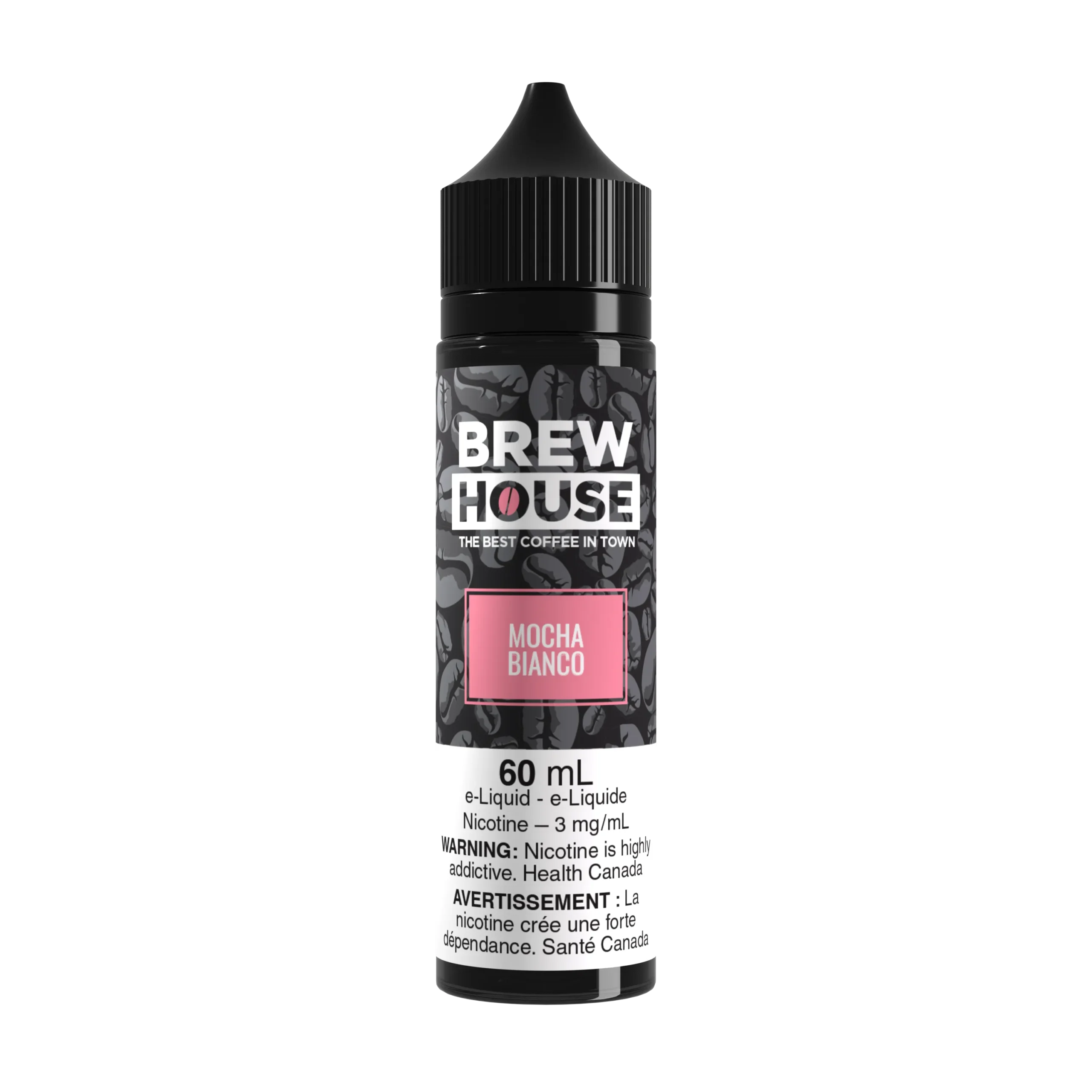 Black bottle of Brew House Mocha Bianco e-liquid, 60ml, featuring coffee bean graphics and nicotine warning label.