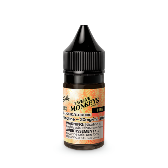 30ml bottle of Twelve Monkeys Puris e-liquid, containing 20mg/ml nicotine, with a warning label about nicotine addiction.