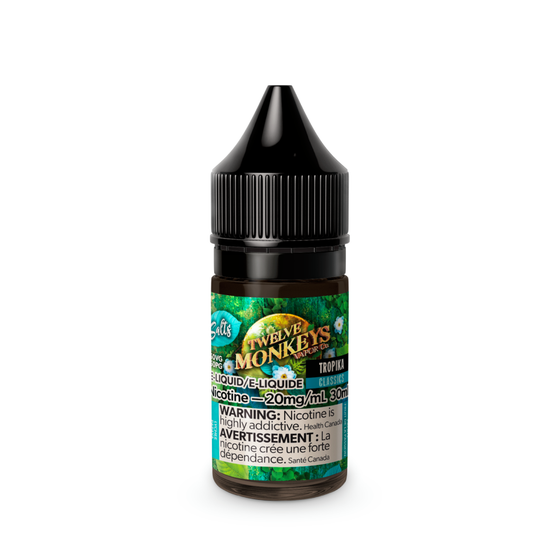 30ml bottle of Twelve Monkeys Tropika e-liquid, containing 20mg/ml nicotine, with a warning label about nicotine addiction.