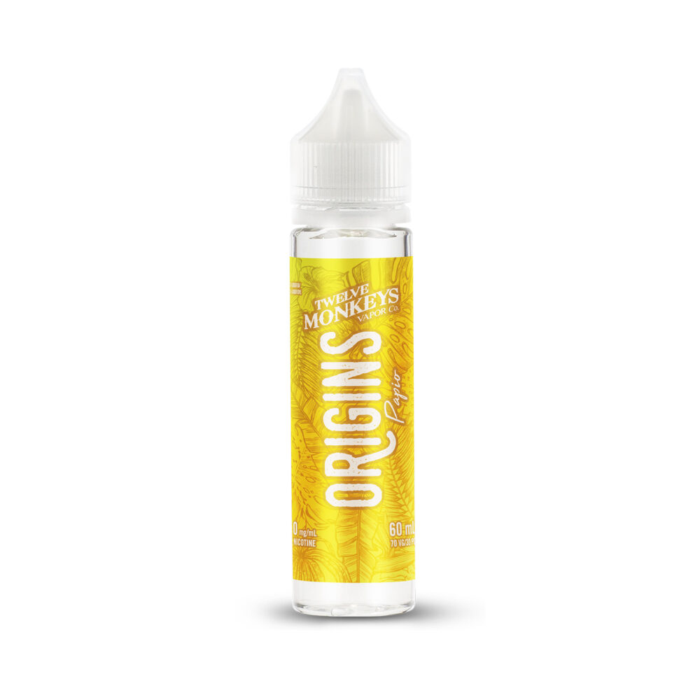 A 60mL bottle of Papio by Twelve Monkeys Origins E-Liquid