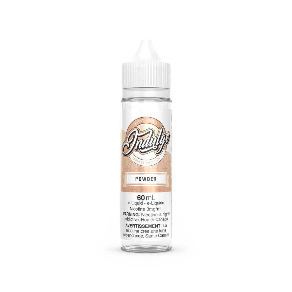 A 60ML bottle of Powder Indulge E-Liquid