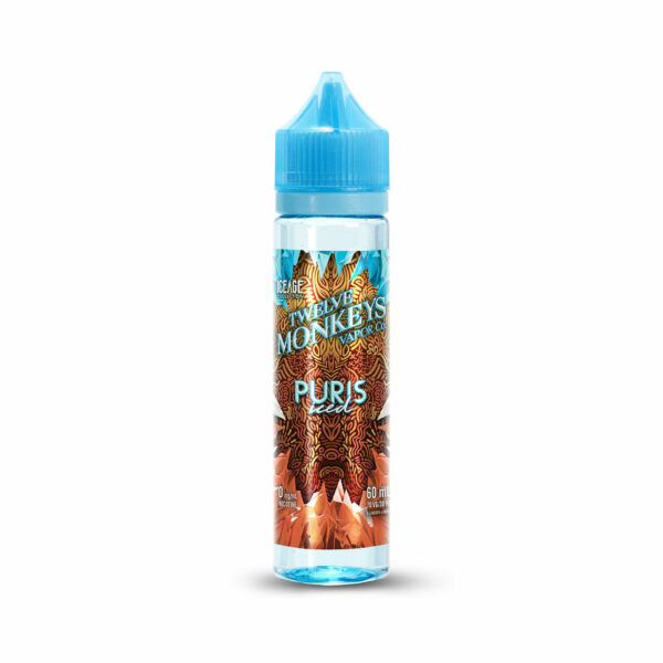 A 60mL bottle of Puris Iced Twelve Monkeys E-Liquid