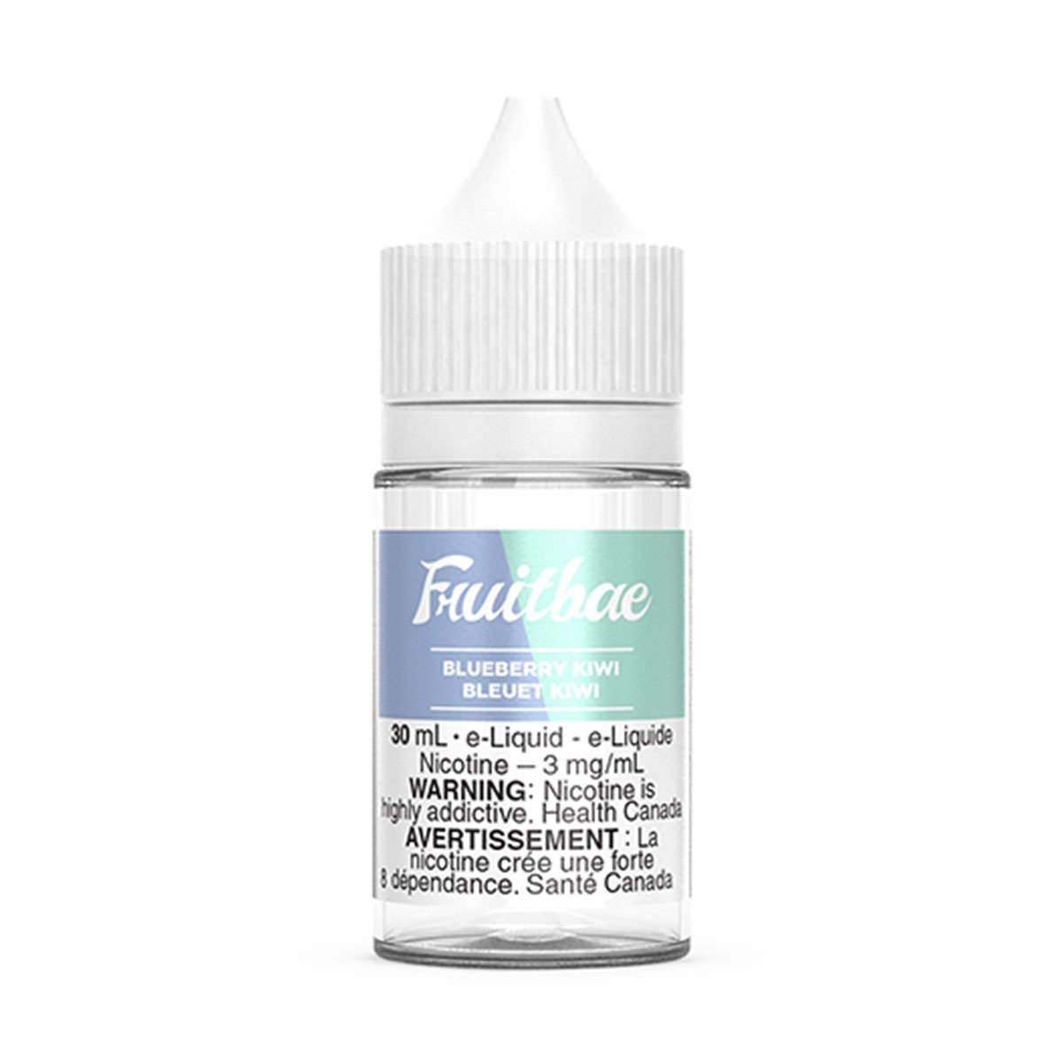 30 mL bottle of Fruitbae e-liquid in Blueberry Kiwi flavor, featuring nicotine warning label.