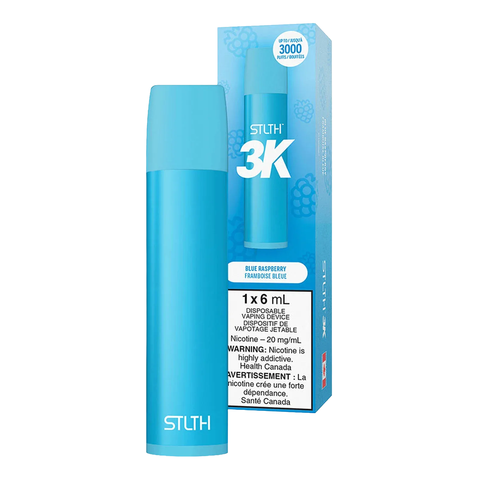 Blue Raspberry disposable vaping device in packaging, featuring nicotine warning and product details.