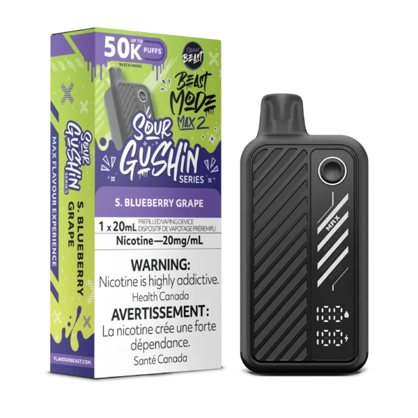 Vaping device packaging for Sour Gushin series, flavor S. Blueberry Grape, featuring nicotine warning and usage details.