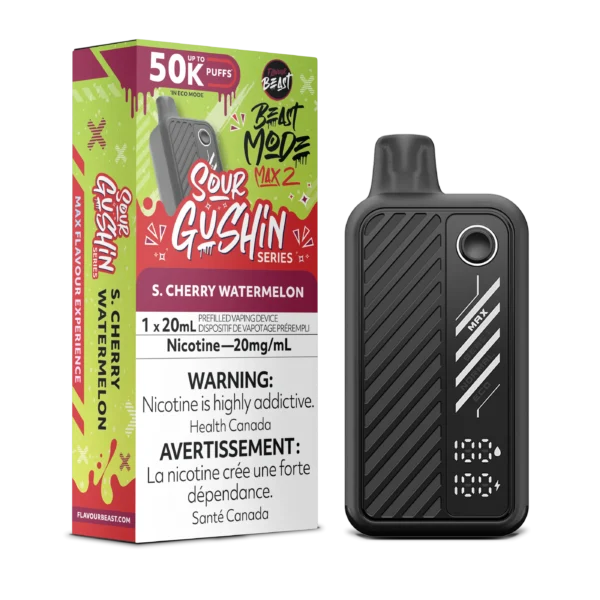 Vaping device packaging featuring Sour Gushin S. Cherry Watermelon flavor, with nicotine warning and usage details.