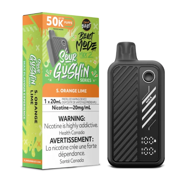Vaping device packaging featuring Sour Gushin S. Orange Lime flavor, 20mg nicotine, and warning labels.