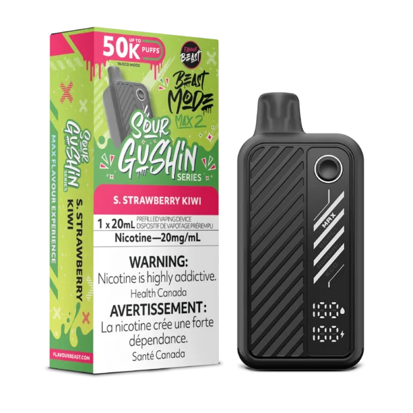 Vaping device packaging for Sour Gushin Series, flavor S. Strawberry Kiwi, 20mg nicotine, with warning labels.