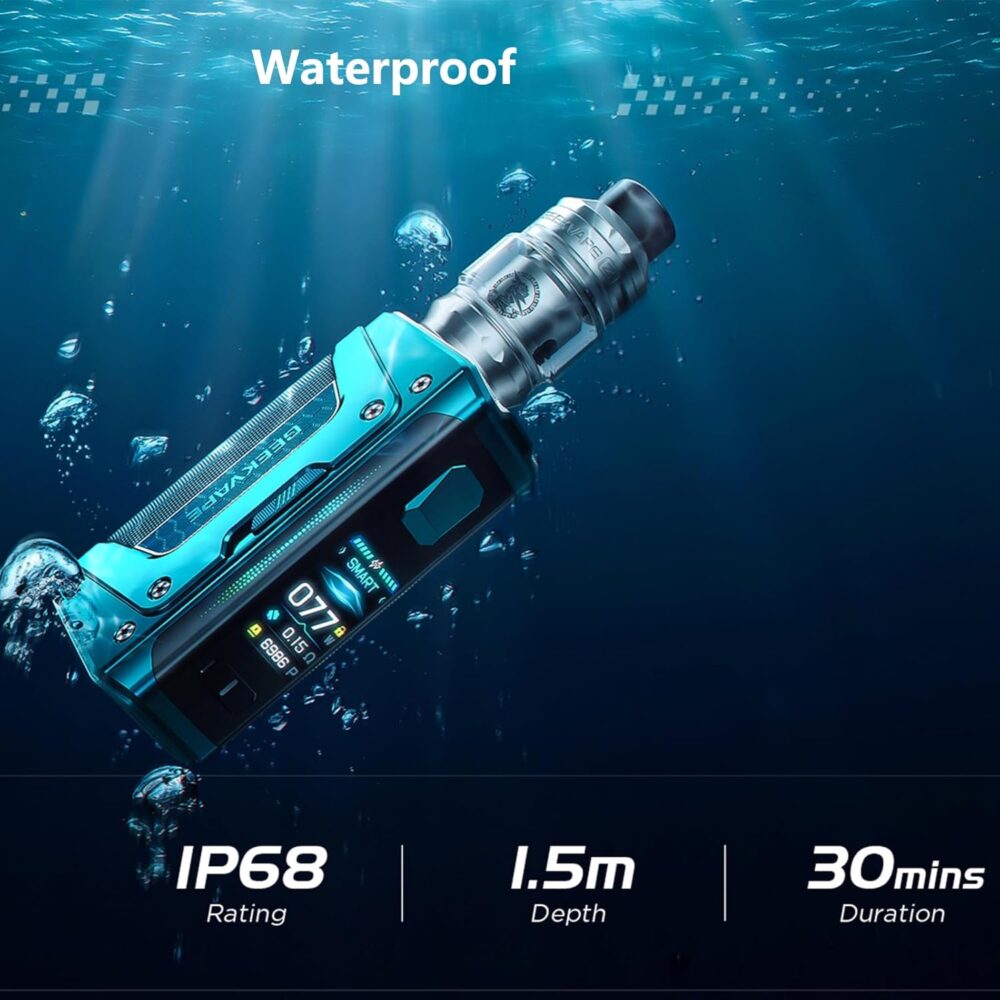 A photo of the GeekVape Aegis Legend 5 under water demonstrating it's water resistance