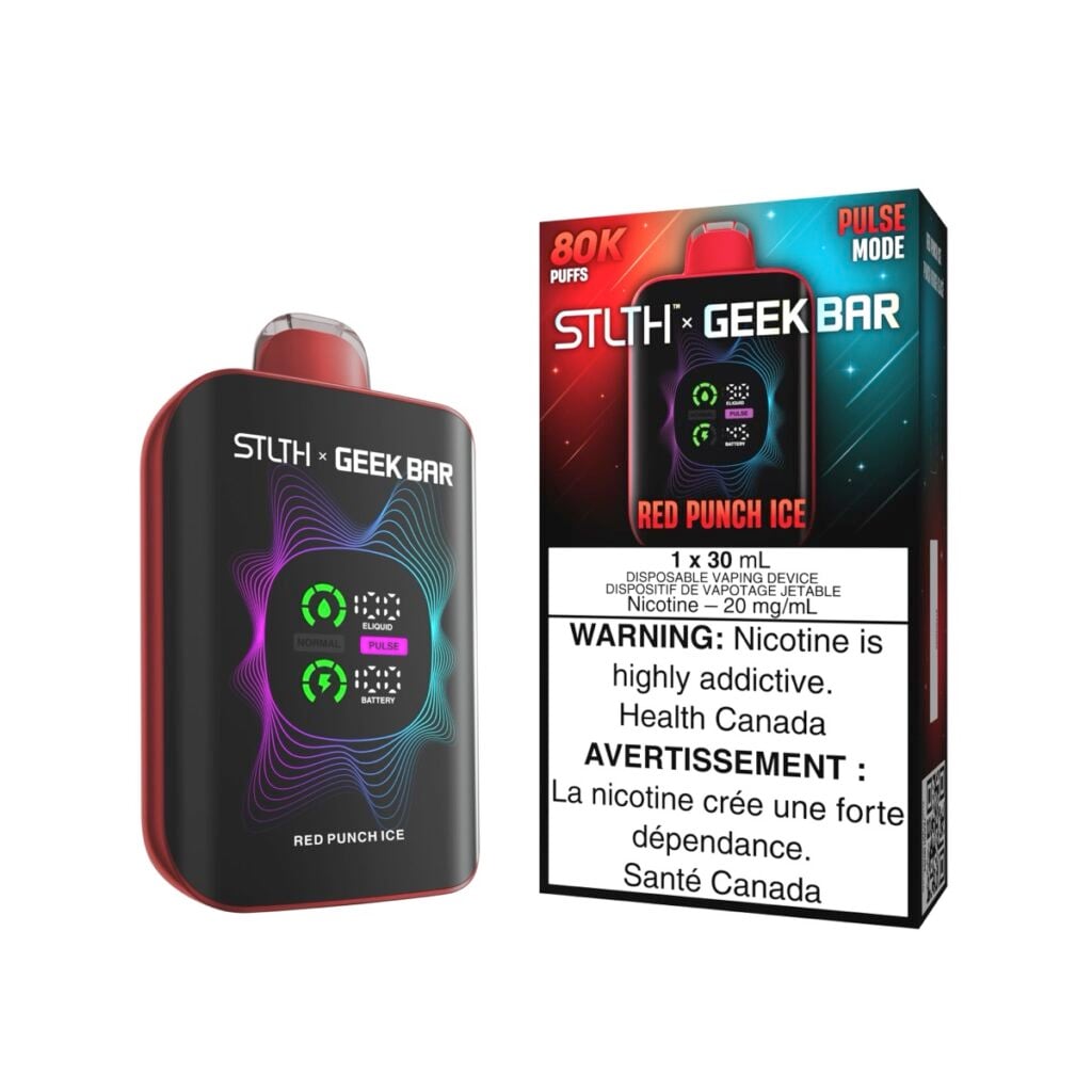 A picture of the STLTH X GEEK Bar Red Punch Ice disposable vaping device and the box packaging