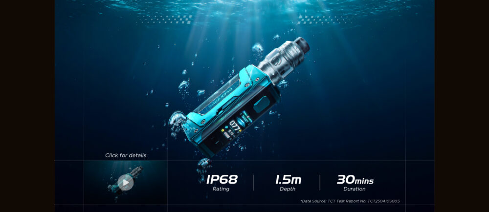 A photo of the GeekVape Aegis Legend 5 Kit underwater demonstrating it's IP68 water resistance