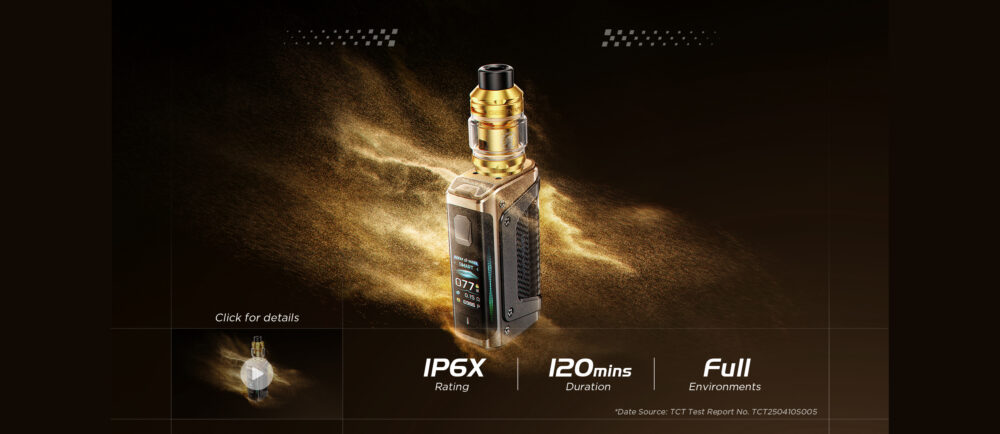A photo of the GeekVape Aegis Legend 5 kit in the sand demonstrating it's dust resistance capabilities