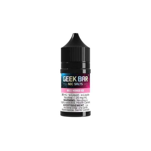 A picture of a 30mL GeekBar Razz Mango Ice nicotine salt e-liquid