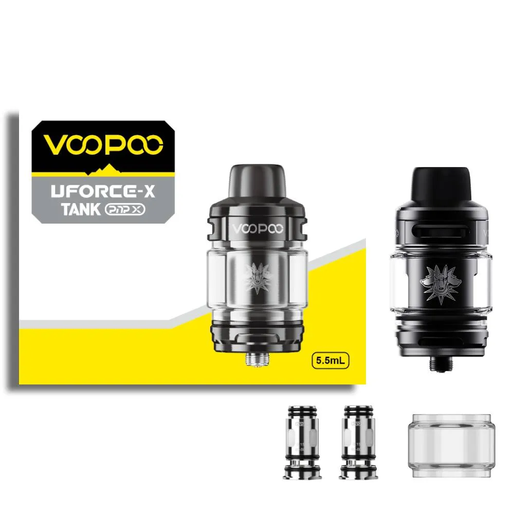 A photo of the package contents of the VooPoo Uforce-X tank, includes the tank, two coils and a replacement glass