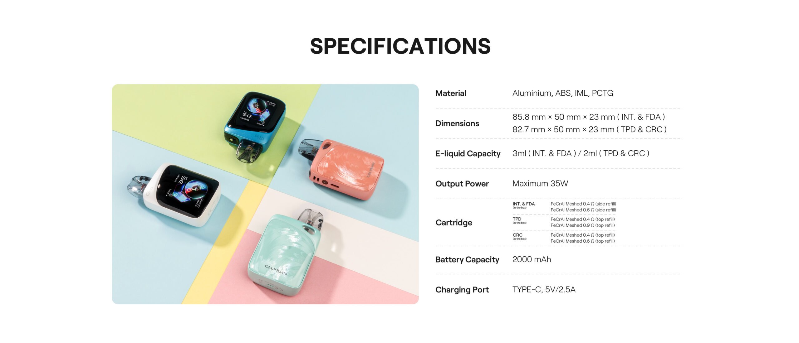 A detailed specification list of the Uwell G4 Pro Koko Pod kit device