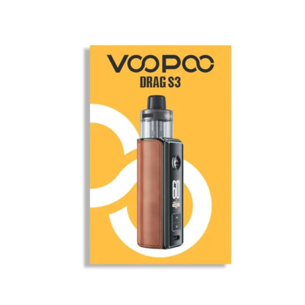 A picture of the Voopoo Drag S3 Vape Kit box with the brown coloured device on the front