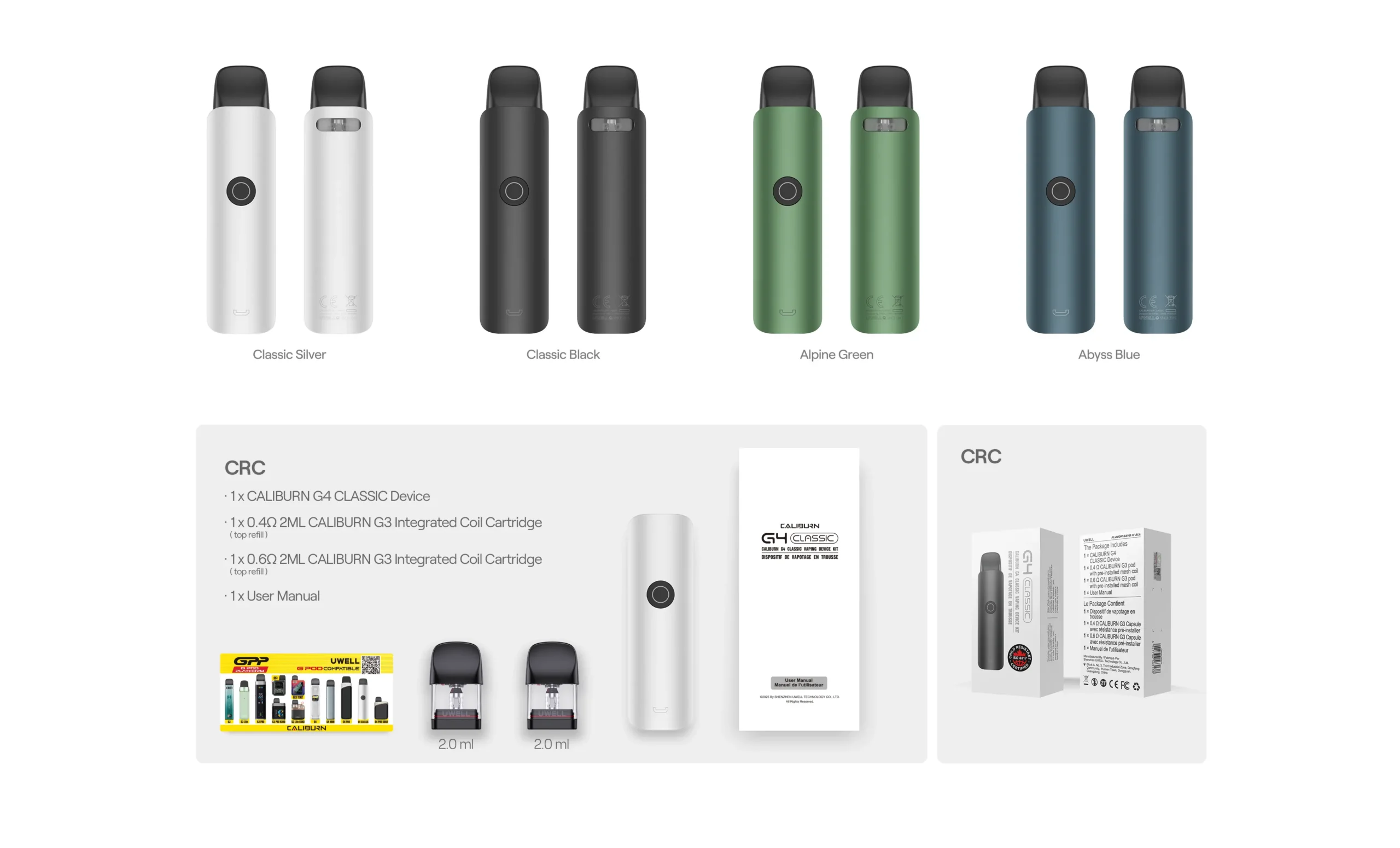 A picture displaying the contents of the Uwell Caliburn G4 Classic box.