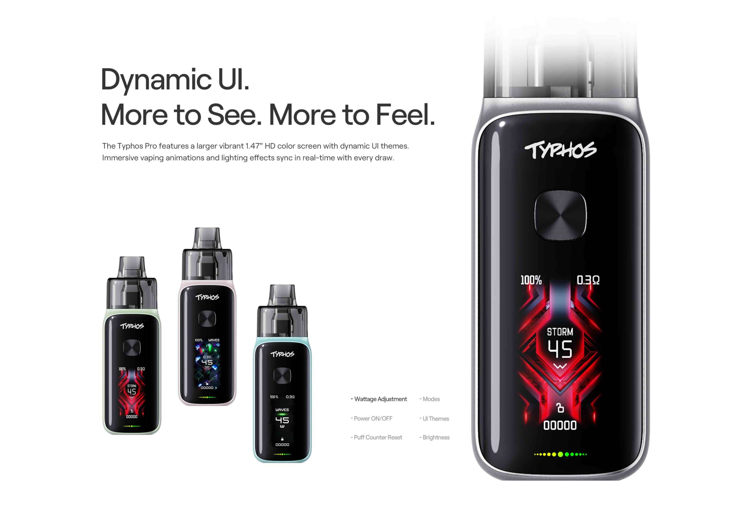 An illustration displaying the user interface for the UWELL Typhos Pro vape kit