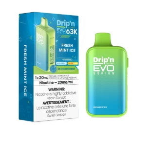 Vaping device packaging for Dripn EVO 63K in Fresh Mint Ice flavor, featuring a green and blue design.