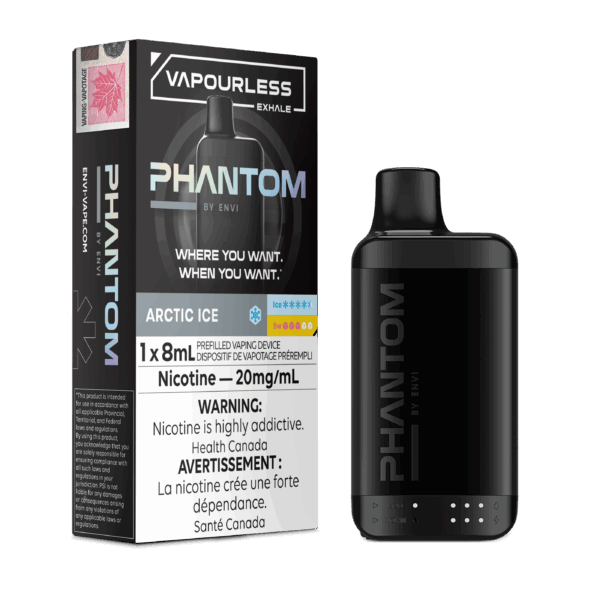 Black vaping device labeled Phantom with packaging, featuring Arctic Ice flavor and nicotine warning.