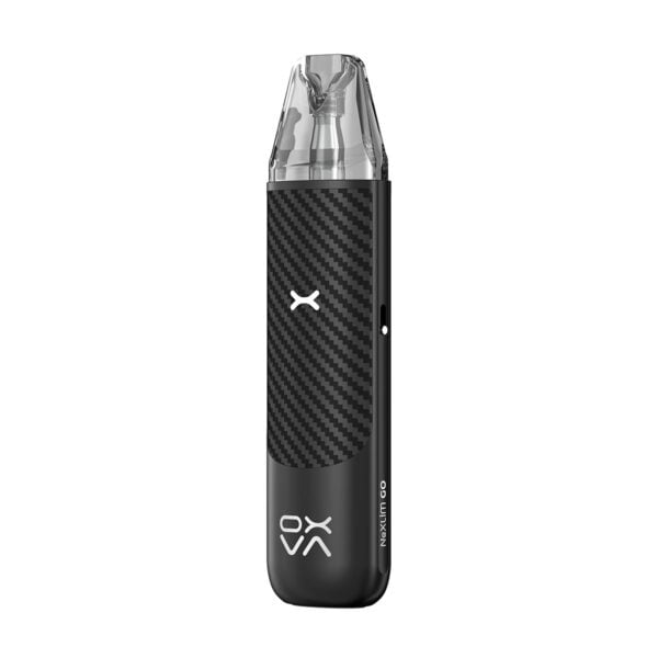 Black vape device with a carbon fiber texture and transparent mouthpiece, labeled Nexlim Go.