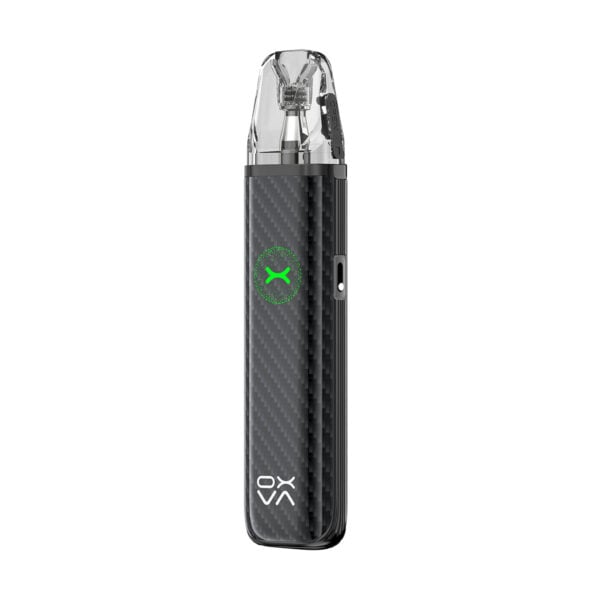 Black carbon vape device with a transparent mouthpiece and green logo, designed for portable use.