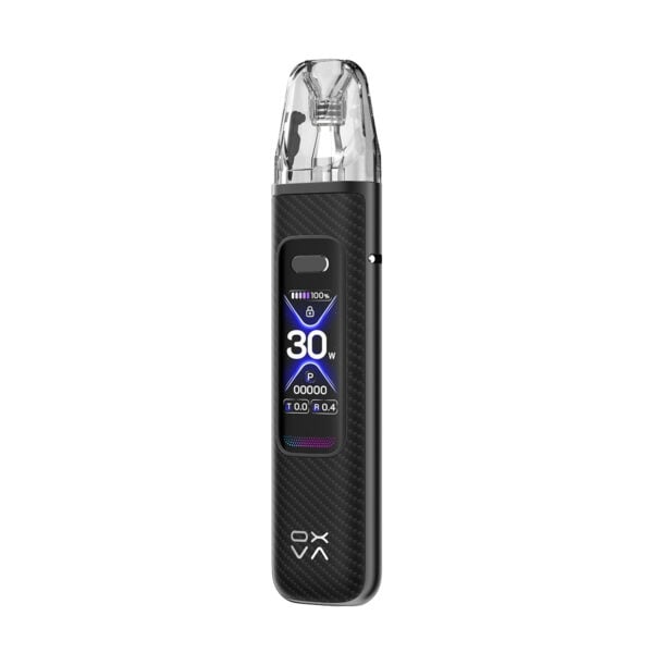 Black carbon vape device with a digital display showing wattage and battery level. Sleek and modern design.