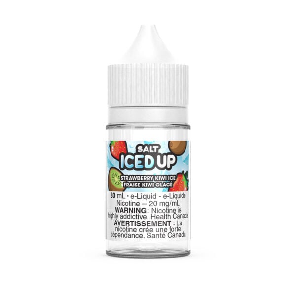 Bottle of Iced Up Salt e-liquid, flavor Strawberry Kiwi Ice, 30 mL, with nicotine warning label.