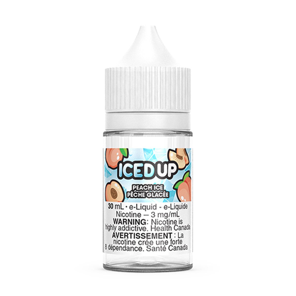 30ml bottle of Iced Up Peach Ice e-liquid with a warning label about nicotine addiction.
