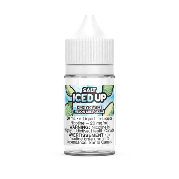 Bottle of Iced Up Honeydew Ice e-liquid, 30 mL, with nicotine warning and colorful label featuring honeydew graphics.