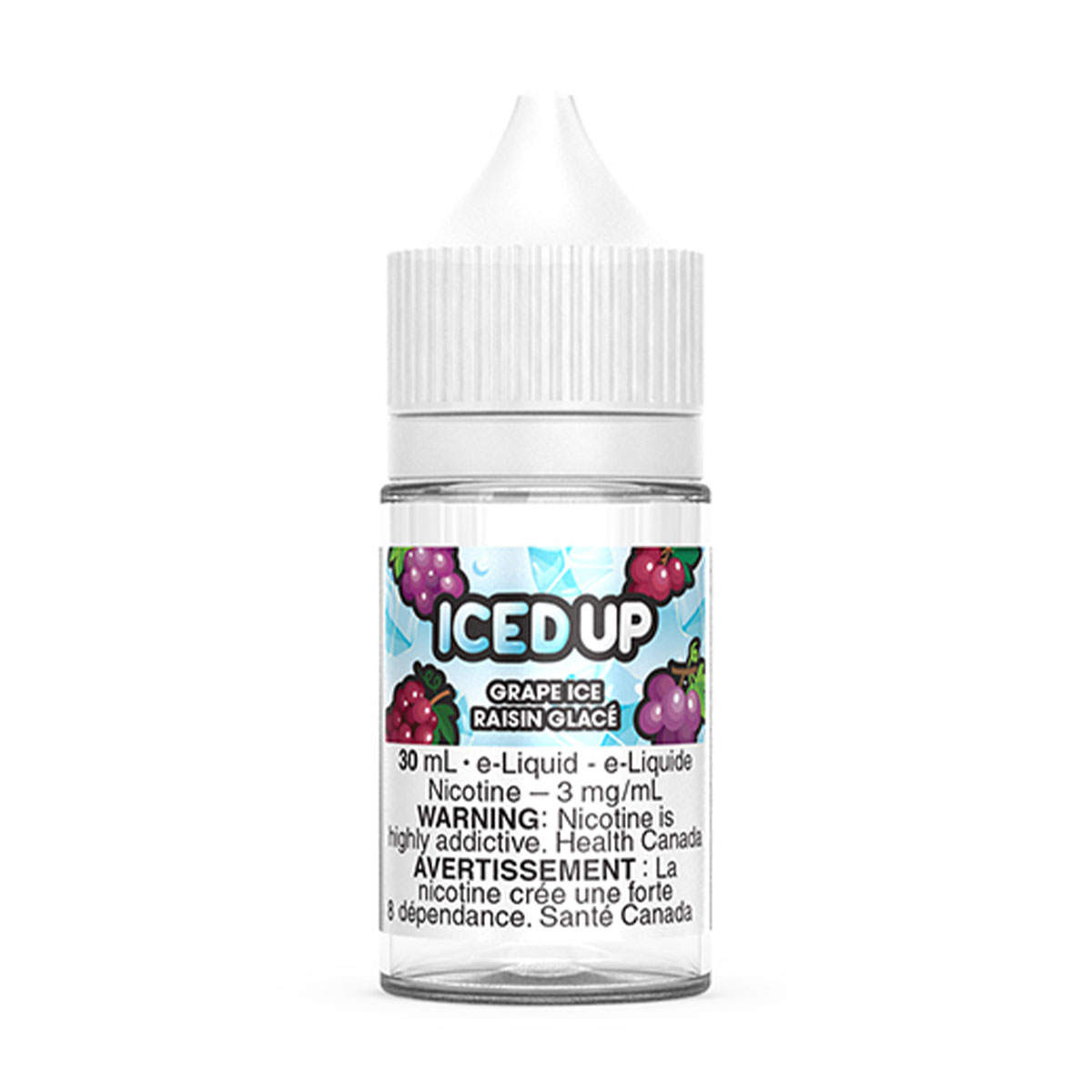 30ml bottle of Iced Up Grape Ice e-liquid, featuring a white cap and colorful label with nicotine warning.