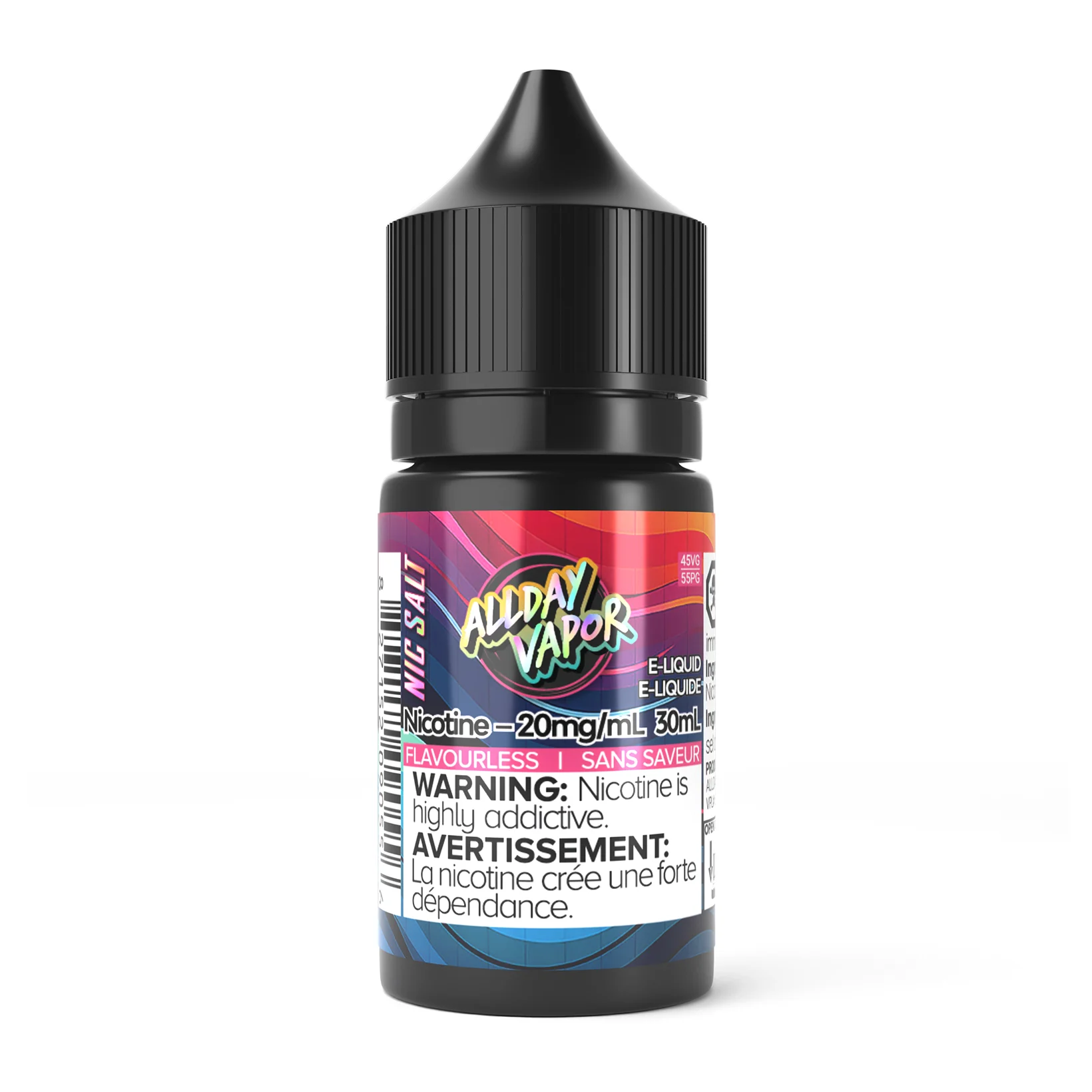 30ml bottle of flavourless e-liquid with 20mg/ml nicotine, featuring a colorful label and warning text.