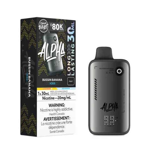 Vape device and packaging for Flavour Beast Alpha, featuring Bussin Banana Iced flavor, 30ml, 20mg/ml nicotine.