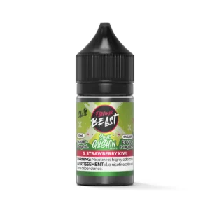 Bottle of Flavour Beast e-liquid, Sour Gushin series, Strawberry Kiwi flavor, 30ml, 20mg nicotine.