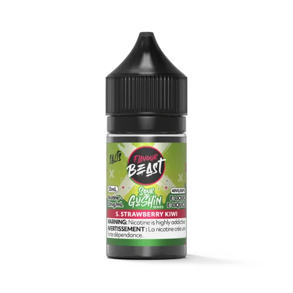 Bottle of Flavour Beast e-liquid, Sour Gushin series, Strawberry Kiwi flavor, 30ml, 20mg nicotine.