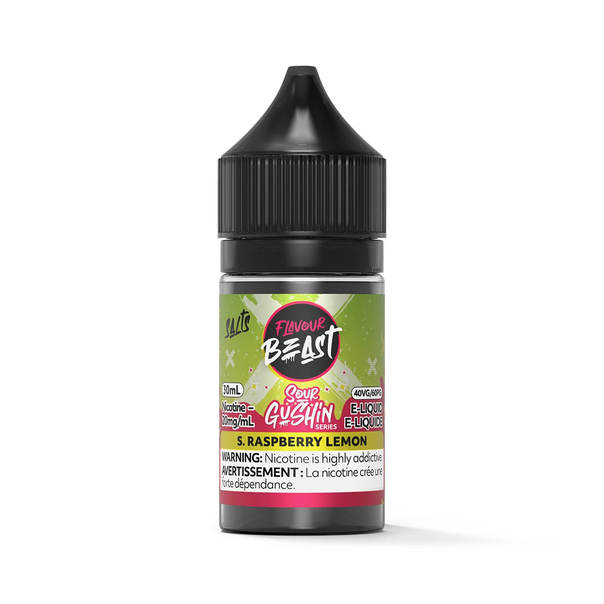 30ml bottle of Flavour Beast e-liquid in Sour Gushin flavor, featuring raspberry lemon and 20mg nicotine.