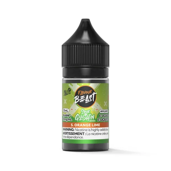 30ml bottle of Flavour Beast e-liquid in Sour Orange Lime flavor, containing 20mg nicotine, with warning label.