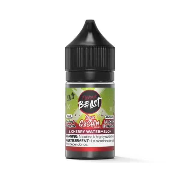 30ml bottle of Flavour Beast e-liquid in Sour Gushin flavor, featuring cherry watermelon and 20mg nicotine.