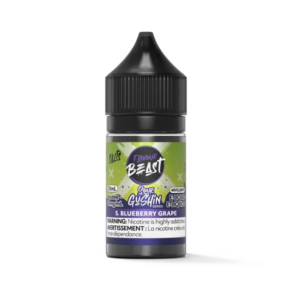 30ml bottle of Flavour Beast e-liquid in Sour Gushin flavor, featuring blueberry and grape, with 20mg nicotine.