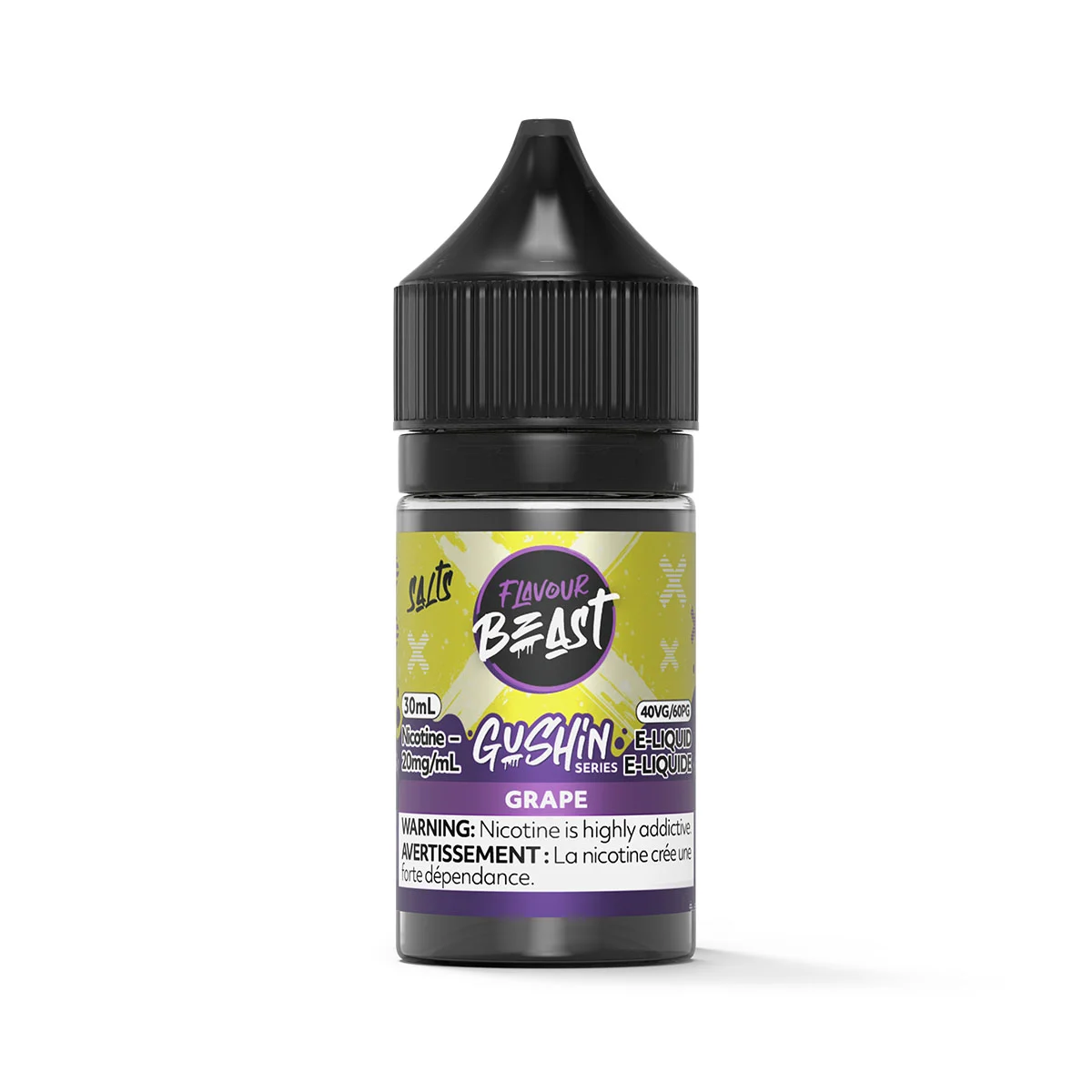 30ml bottle of Flavour Beast Gushin e-liquid in grape flavor, containing 20mg/ml nicotine. Warning label included.
