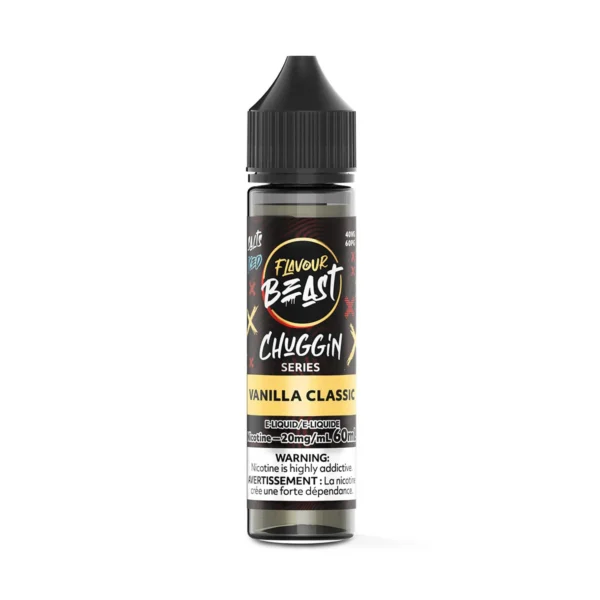 Bottle of FlavourBeast Chuggin Series Vanilla Classic e-liquid, 60mL, 20mg nicotine, with warning label.