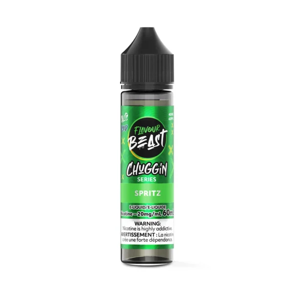 Bottle of FlavourBeast Chuggin Series e-liquid, 60mL, 20mg nicotine, labeled Spritz with a vibrant green design.