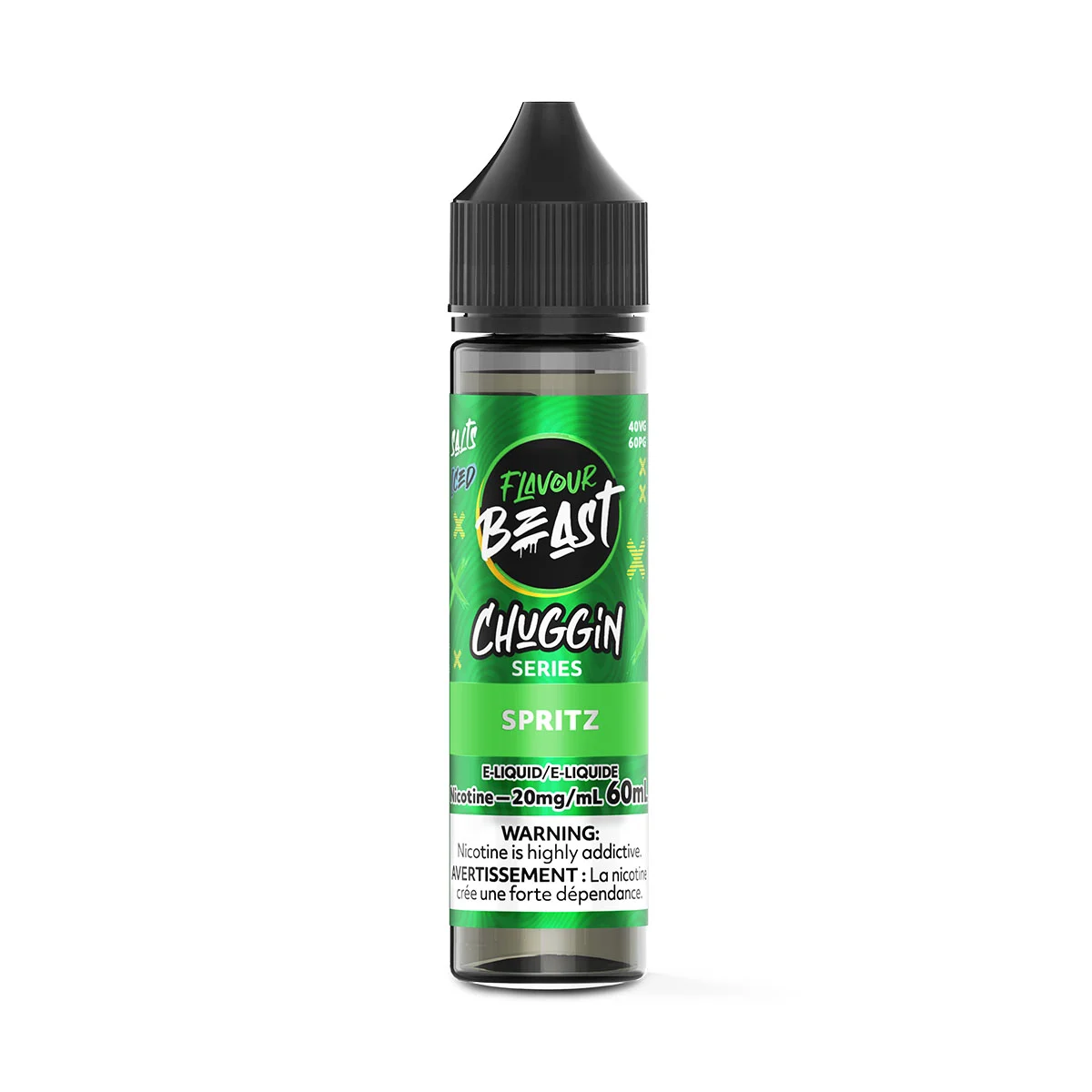 Bottle of FlavourBeast Chuggin Series e-liquid, 60mL, 20mg nicotine, labeled Spritz with a vibrant green design.