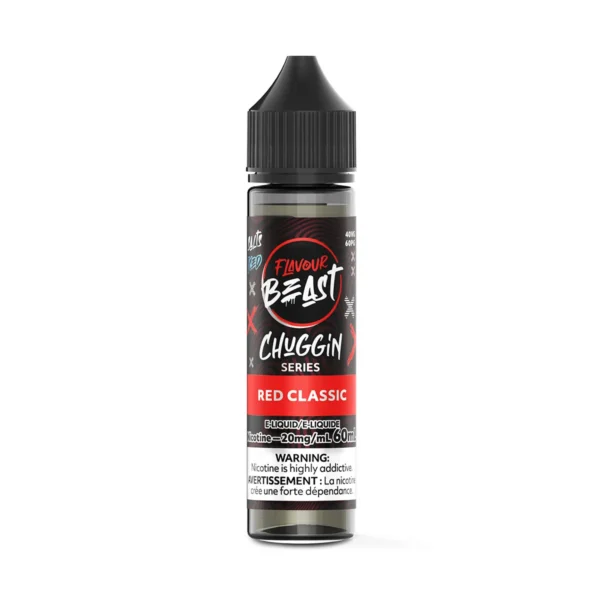 Bottle of FlavourBeast Chuggin Series Red Classic e-liquid, 60mL, 20mg nicotine, featuring a bold design and warning label.