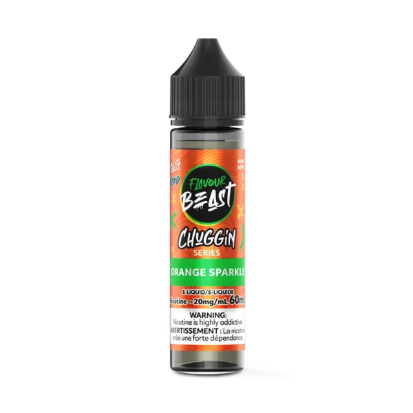 Bottle of FlavourBeast Chuggin Series e-liquid in Orange Sparkle flavor, 60mL, 20mg nicotine, with warning label.