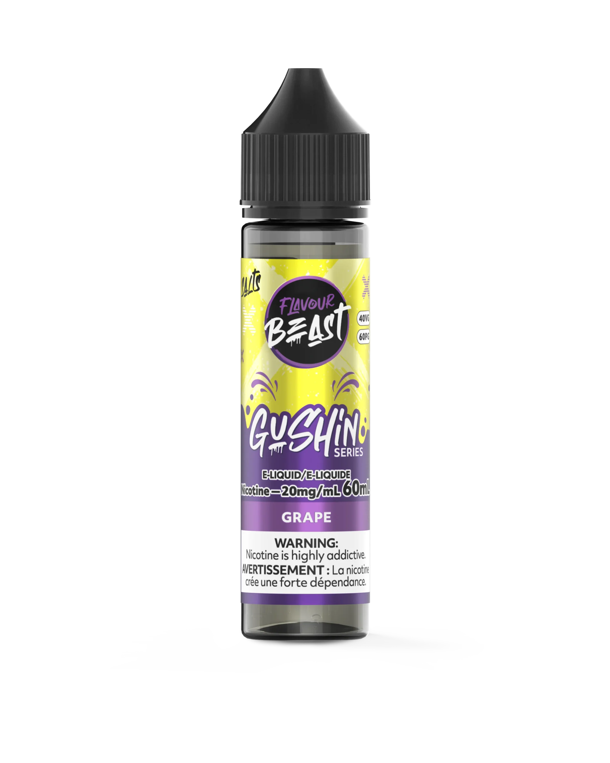 60mL bottle of Grape e-liquid from Flavour Beast, featuring 20mg nicotine, with a vibrant yellow and purple design.