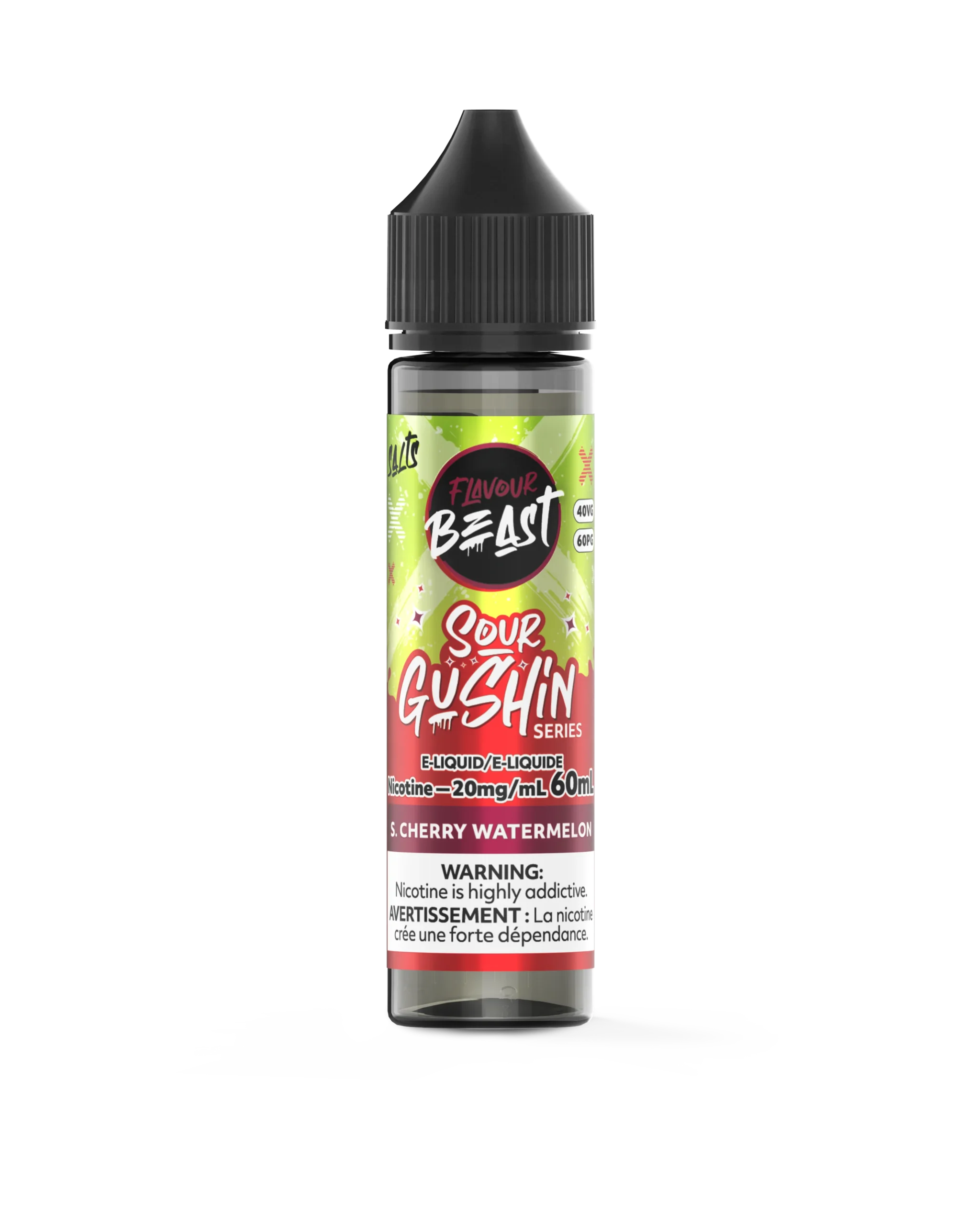 Bottle of Flavour Beast Sour Gushin e-liquid in S. Cherry Watermelon flavor, 60mL, 20mg nicotine.