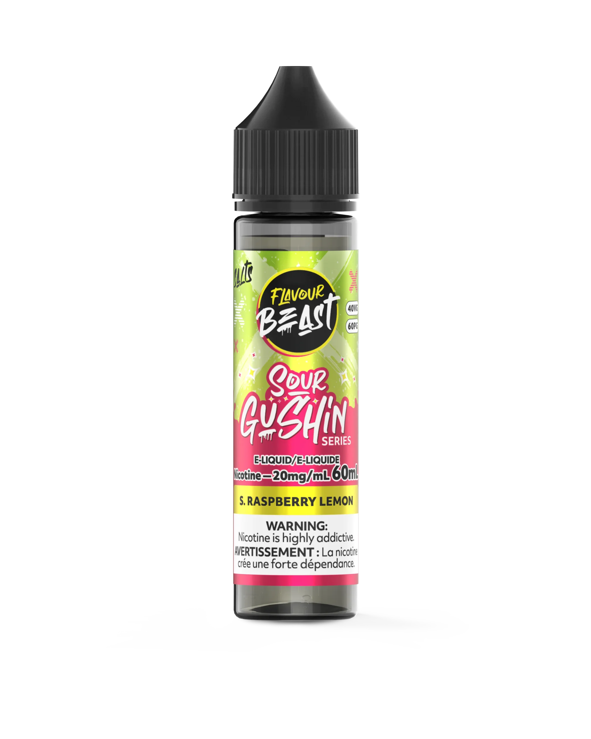 Bottle of Flavour Beast Sour Gushin e-liquid, 60mL, 20mg/mL nicotine, flavor: Sour Raspberry Lemon, with warning label.