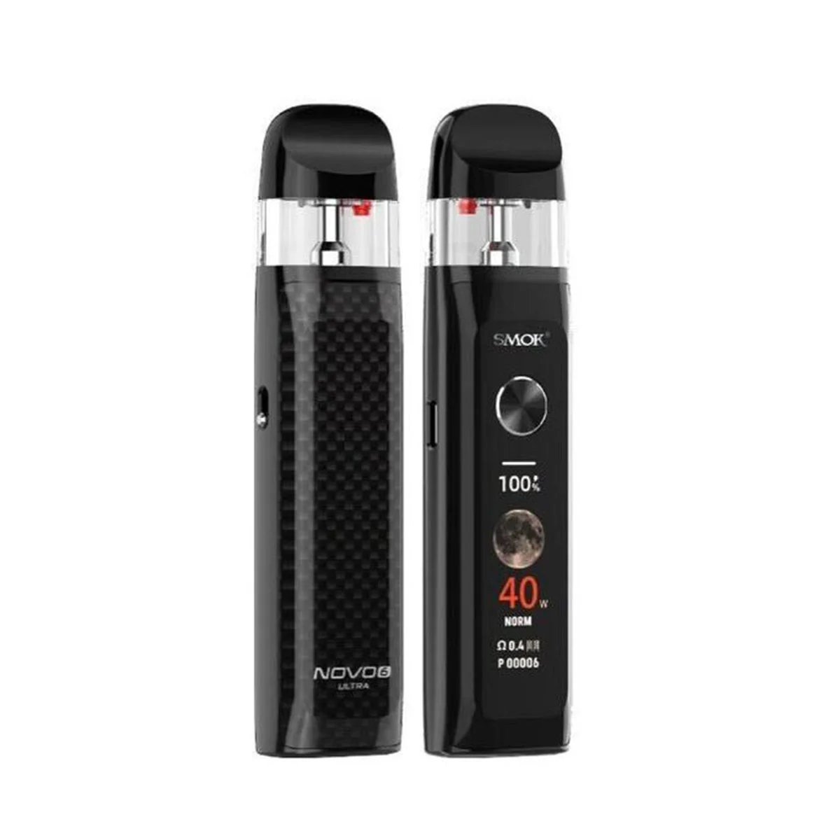Two sleek black vaping devices side by side, featuring digital displays and a carbon fiber texture on one.